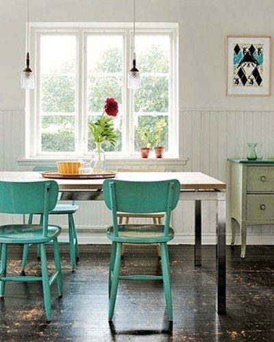 chaises de cuisine peintes en turquoise